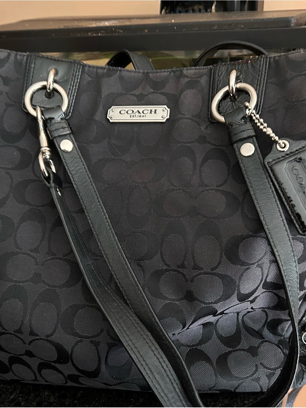 COACH Black Signature Jacquard Tote with Silver Hardware